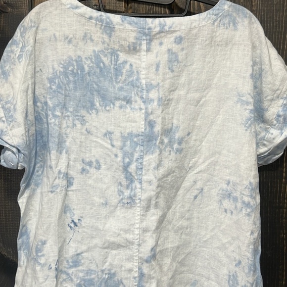Magaschoni Cloudy Tie Dye Dress M Blue White Frayed Raw Hem Boho Cuffed Short - Picture 7 of 10